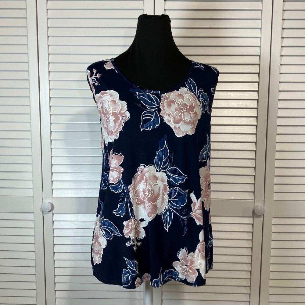 Espresso Navy Floral Stretch Knit Scoop Neck Sleeveless Blouse XL